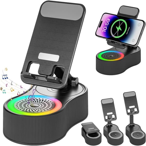 Telefonholder med Bluetooth-høyttaler - Trådløs Bluetooth-høyttaler med 360° roterbar telefonholder - multifunksjonelt justerbart stativ med