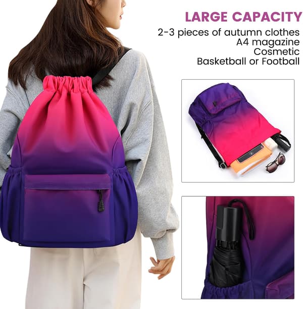 Drawstring Bag, Waterproof Sports Bag with Wide Shoulder Strap, Inner Pocket and Security Pocket, Front and Back Zipper Pockets, Gradient Red.