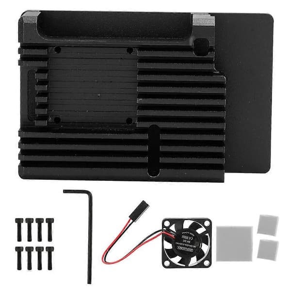 Kabinet til Raspberry Pi 4 Aluminiumlegering Beskyttende Kabinet med Ventilationsblæser DC5V Sort