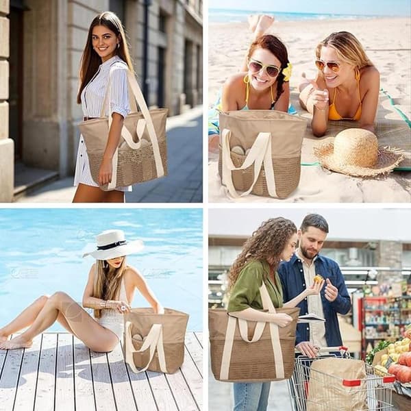 Women's Beach Bag - Large Capacity Beach Tote - Family Beach Bag - Foldable - Multiple Compartments - Waterproof Mesh Beach Bag - Gi