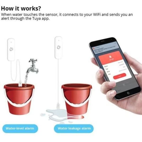 WiFi-läckagedetektor, översvämningssensor, larmsystem kontrollerbart via en Smart Life-app