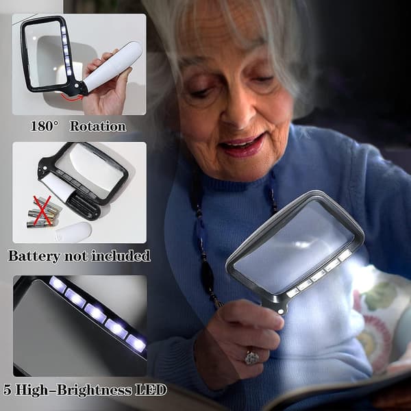 Rektangulær læselup med 5 LED-lys, 2 intensitetstilstande og 2x forstørrelse til ældre eller synshandicappede