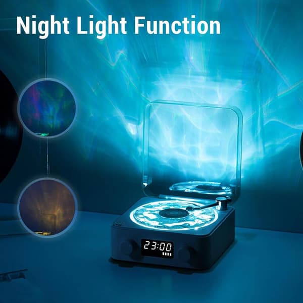 Portable Bluetooth Speakers, Stereo Speakers with Water Ripple Effect Lighting and Time Display, Retro Bluetooth Speaker, Retro Turntable