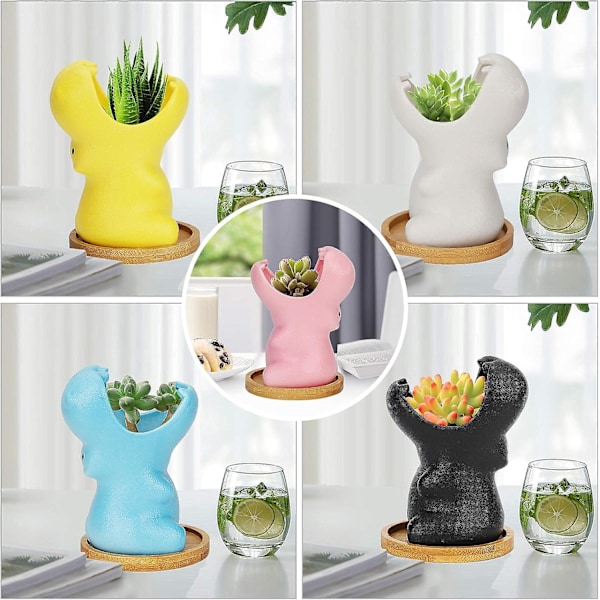 12,8*9,5 cm Svart Keramisk Blomkruka Mini Blomkruka Succulent Växt Aloe Vera Keramisk Blomkruka Dekoration (Träbricka Ingår Ej)