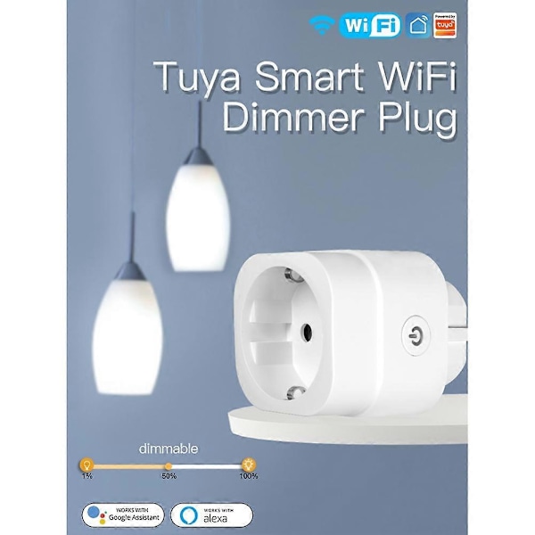 WiFi Smart Sokkel med Lysstyrkejustering for Tuya Smart Life App, Stemmestyring via Assistent, EU-kontakt
