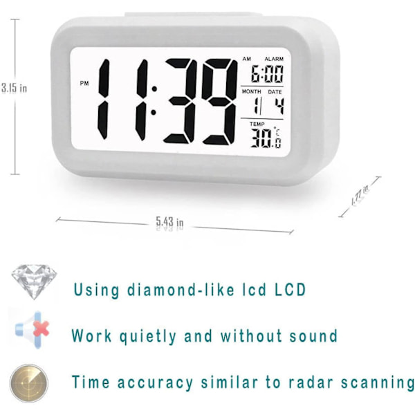 Digitalt Vækkeur LED Display Snooze Smart Lysstyrkesensor Til Soveværelse Hjemmekontor Og Rejser