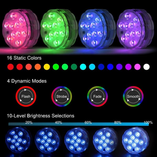 4-pack Battery-Powered Submersible RGB LED Pool Lights with Remote Control
