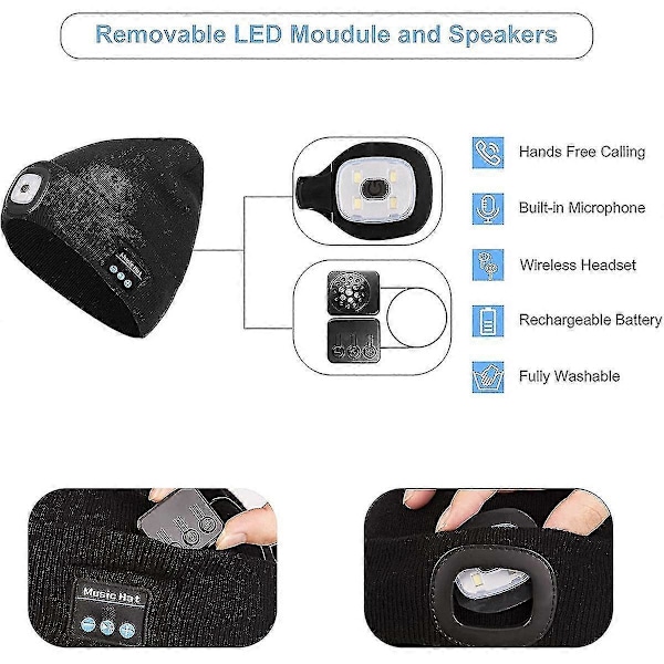 Bluetooth-hue med lampe, musikalsk strikket hue (sort)
