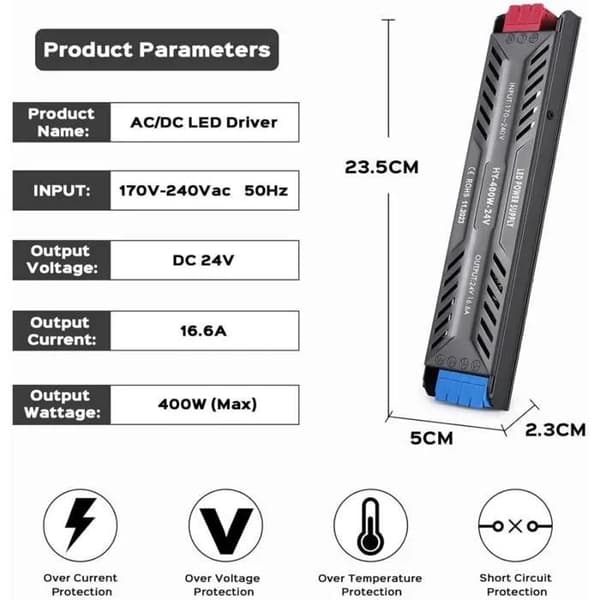 220V til 24V 400W 16.6A Transformer, Ultratynd LED-driver, DC Strømadapterkonverter