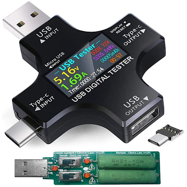 USB C-testare, 2-i-1 Typ C USB-testare Färgskärm IPS Digital Multimeter, Spänning, Ström, Effekt, Temp