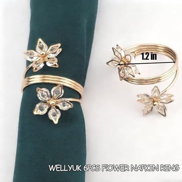 Set med 6 uthulede blomsterformede serviettringer med klips for borddekorasjon (gull)