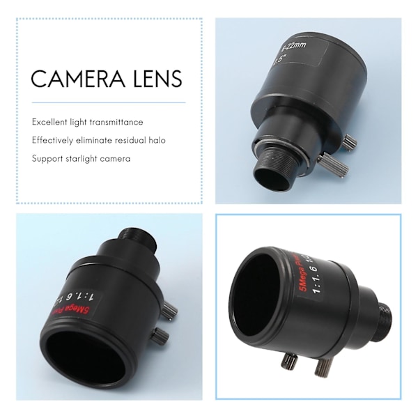 CCTV-lins 1/2,5 tum 6-22mm 5MP M12-fäste Variabelbrännviddslins F1.6 för 4MP/5MP CMOS/CCD-sensor Säkerhet