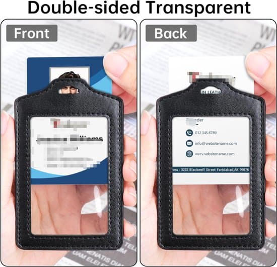 2-piece double-sided transparent card holder with lanyard, PU leather, for work/subway.