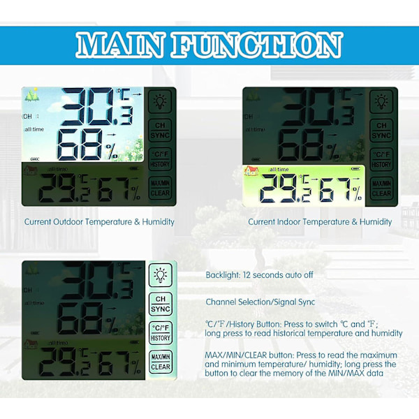 Trådløs vejrstation med udendørs sensor, termometer og indendørs/udendørs digital hygrometer, justerbar baggrundsbelysning med stort LCD-display til hjemmet An