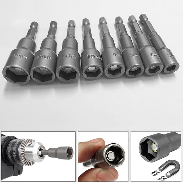 8 stk 1/4 tomme Hex Magnetisk Muttertrekker Sett Metrisk Slagbor Bits 6 til 13mm Adapter