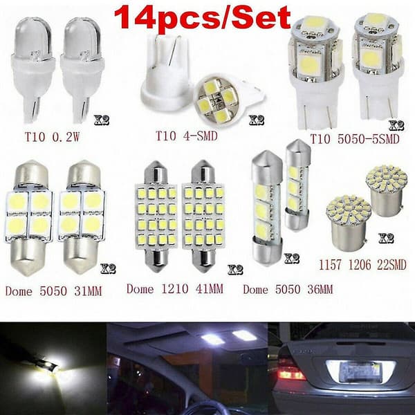14 stk. LED Interiør Pakke Kit til T10 36mm Kort Dome Nummerplade Lys Hvid