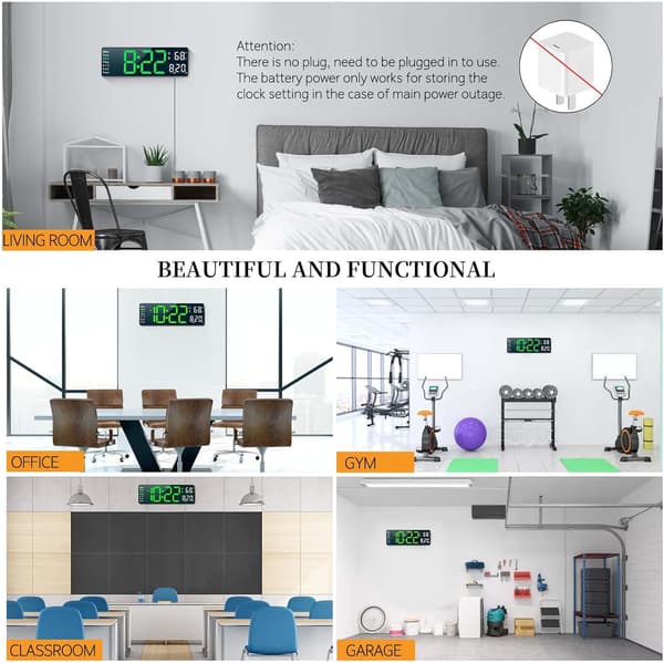 Digital Clock, Decorative Digital Wall Clock for Living Room, Desk Alarm Clock for Bedroom, Large Wall Clock with Remote Control, Green