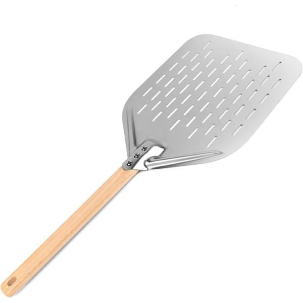 Pizzaspade, 12 tommer 40 x 30 cm perforert pizzaspade i rustfritt stål, profesjonell stor overflatestøtte med langt håndtak