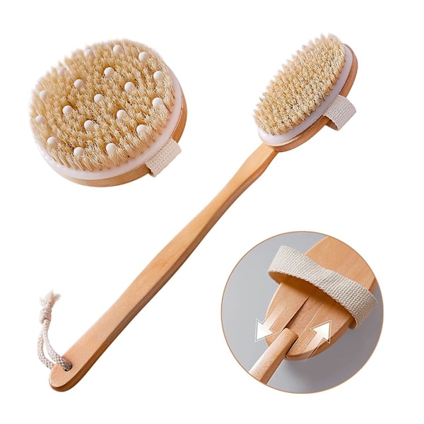 Torrborstset med 2 delar, Naturlig borste för att avlägsna torr hud, Exfoliering, Slipande långskaftad duschryggborste, Torrborst för celluliter och