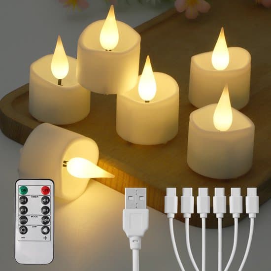 12 Rechargeable, Bright/Warm Flickering Flameless LED Tea Lights, (1 × 10-Key Remote Control + 2 × Charging Cables for 6 Lights Per Cable)