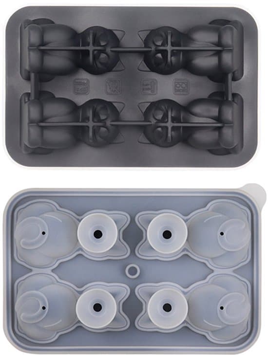 3D Cat Silicone Ice Cube Tray - Ice Cube Mold with Lid - 4 Compartments - Gray - Large Ice Cube Tray - Easy Release - For Whiskey and Beer