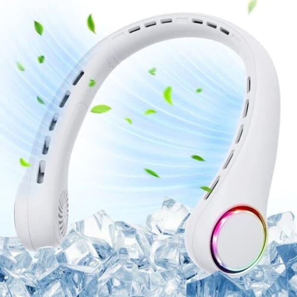 Mini USB halsventilator, håndfri, tre blæserhastigheder, med LED-lys. Bærbar ventilator, hvid.