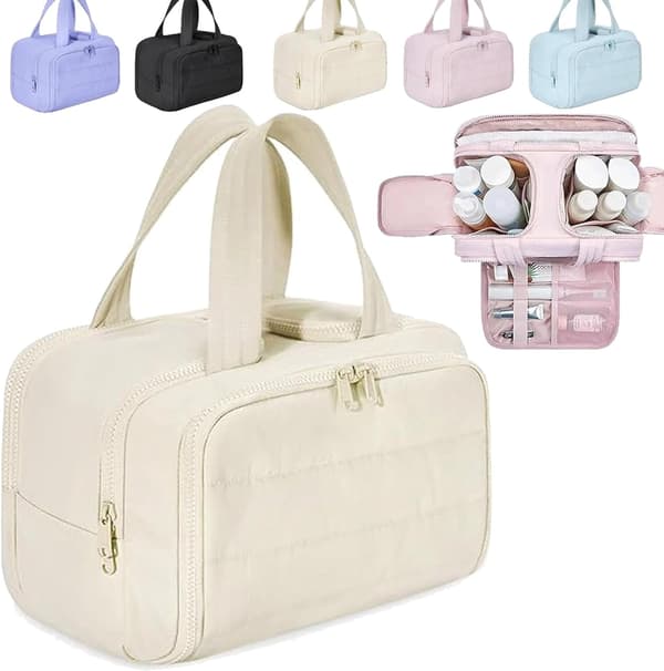 Beige Large Fluffy Toiletry Bag with 4 Compartments