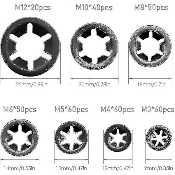 340 stk. Låseskive Starlock Låseskivesæt Lejefastgørelse M3 stk. M4 stk. M5 M6 M8 M10 M12 (7 størrelser) Gratis fragt 1 2025th