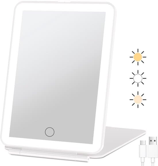 Foldable Makeup Mirror - LED Illuminated Mirror - 3 Light Modes - Dimmable Touch Control - USB Charging - Travel Mirror - Table Mirror