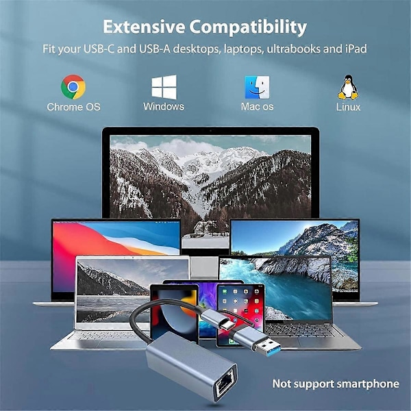 USB 3.0 til Ethernet-adapter med USB C til RJ45 Gigabit LAN 1000 Mbps kablet nettverk, nettverksadapter