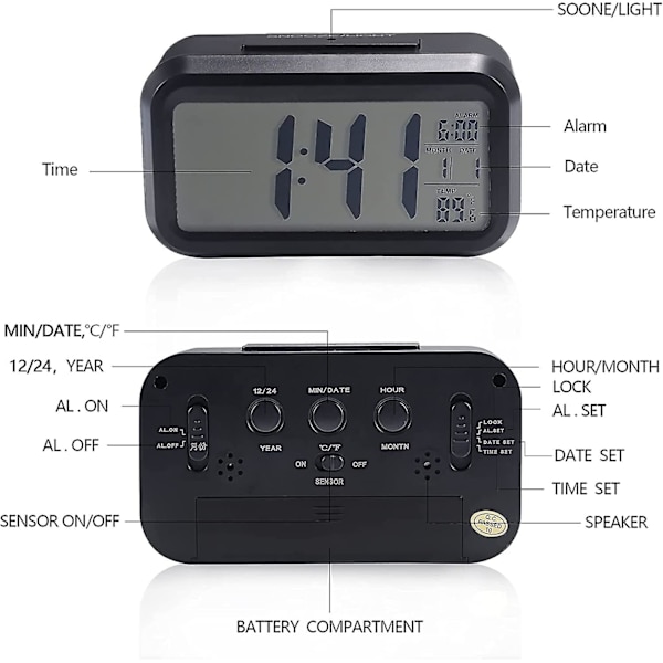 Digital väckarklocka Morning, tyst batteridriven stor LED-display temperatur kalender (svart)
