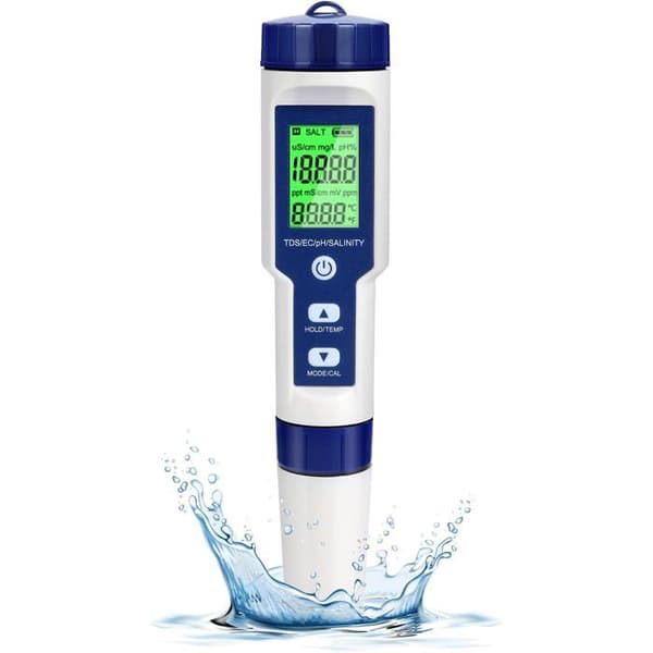 Elektronisk pH-tester, 5-i-1 poolvandstester med baggrundsbelysning, pH/TDS/EC/Salinitet/Temperatur med ATC