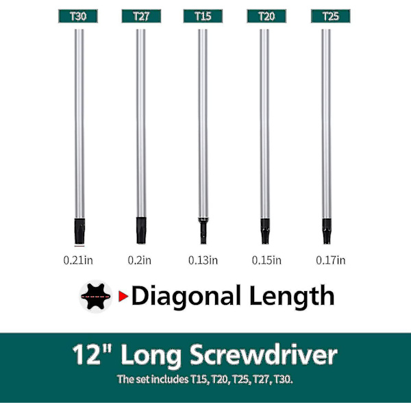 Ylimääräisen pitkä Torx-ruuvimeisselien sarja, 5 kpl 12 tuuman magneettisia Torx-ruuvimeisselien sarja, T15 - T30 (t15,t20,t25,t27,t30) Magneettiset Torx-ruuvimeisselien sarja