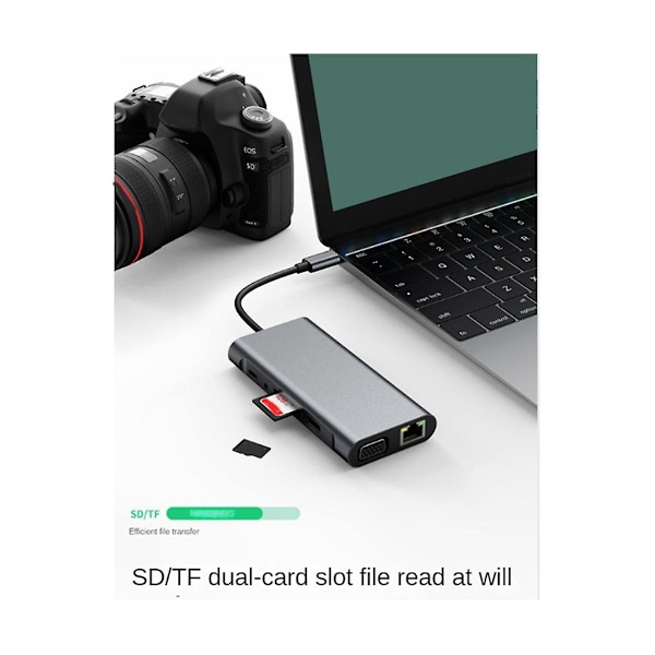 11-i-1 USB-C-dock, USB-hub 3.0, splitter, multiport-adapter, 4K-kompatibel, RJ45, SD/TF, VGA, PD, ljud