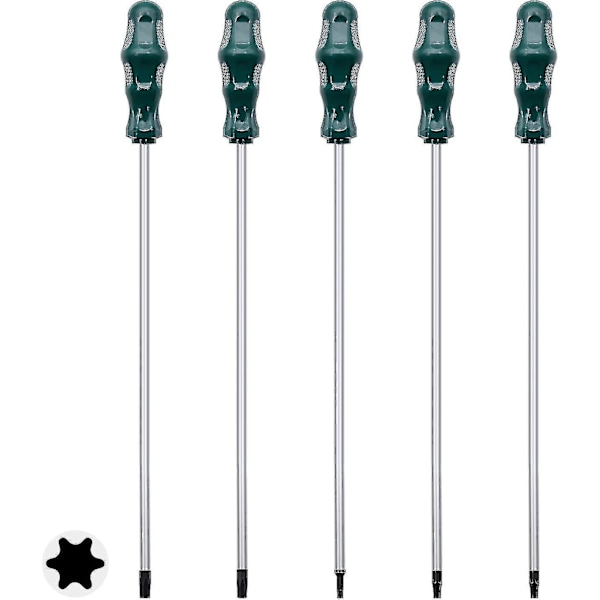 Ylimääräisen pitkä Torx-ruuvimeisselien sarja, 5 kpl 12 tuuman magneettisia Torx-ruuvimeisselien sarja, T15 - T30 (t15,t20,t25,t27,t30) Magneettiset Torx-ruuvimeisselien sarja