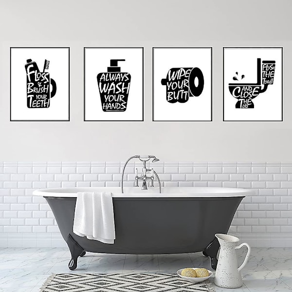 4 st Badrumsväggsdekoration Badrumsdekoration Väggkonst Canvasutskrifter Svart och Vit Modern Badrumsdekoration Inspirerande Poster för Badrum Heminredning (utan