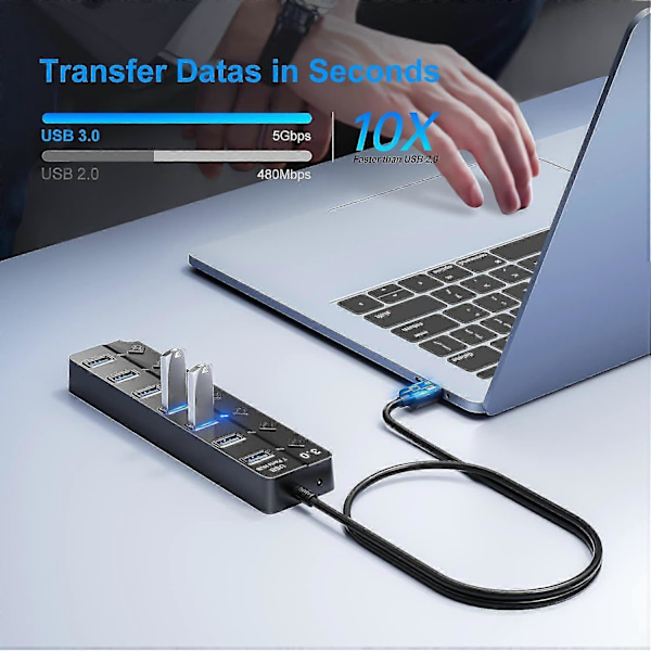 7 Porter USB Hub Splitter Multi Hub USB 3.0 Adapter USB Flere Porter Strømadapter med Brytere an