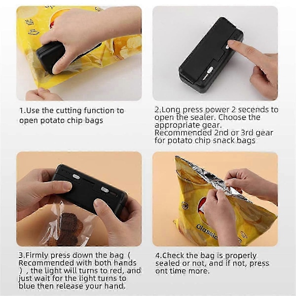 Mini Påsförslutare, USB-laddare Potatischips Påsar Värmeförslutare, Återförsluter Snacks Plastpåse Värmeförsegling och Skärare Svart 2025:e