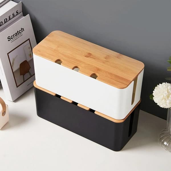 Kabelorganisator - Kabelhåndtering - Kabelholder og ærme til TV-kabler, computer og USB-hub - Bambuslåg - Sort - Kabelboks | Kabelboks opbevaring
