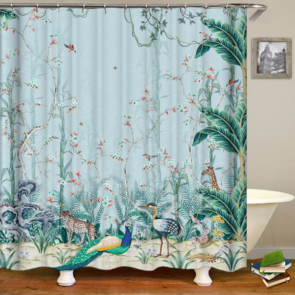 Duschdraperi Grön Mögelresistent Vattentät Fågel Blomma Badrumsgardin Med Krokar 180x180cm-stil 3 2025th