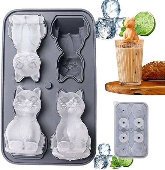 3D Cat Silicone Ice Cube Tray - Ice Cube Mold with Lid - 4 Compartments - Gray - Large Ice Cube Tray - Easy Release - For Whiskey and Beer