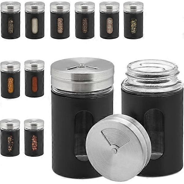 Krydderidispenser, sæt med 12, 3 hulstørrelser, urter, 90 ml, glas og rustfrit stål, sort/sølv