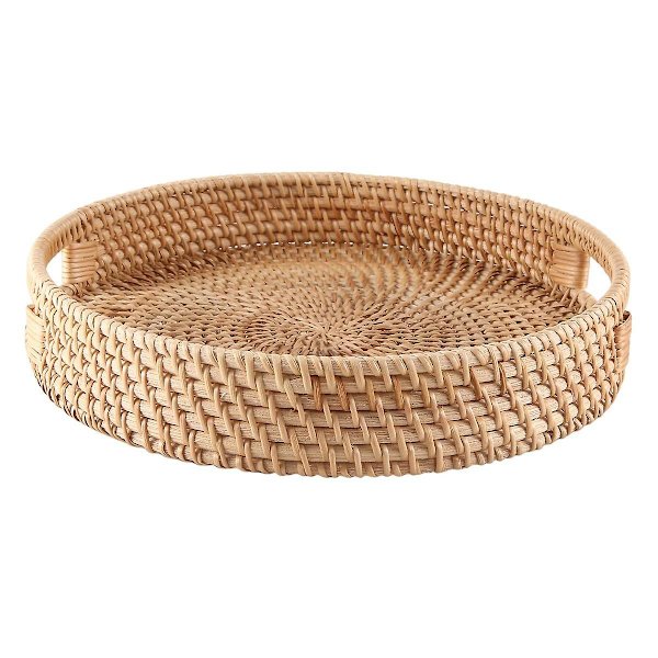 Rund Serveringsbricka i Rattan Dekorativ Vävd Ottomanbricka med Handtag för Kaffebord Naturlig Liten
