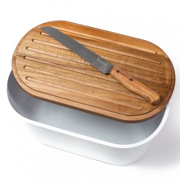 HUSLA BREAD BOX WITH CUTTING BOARD AND KNIFE 73940