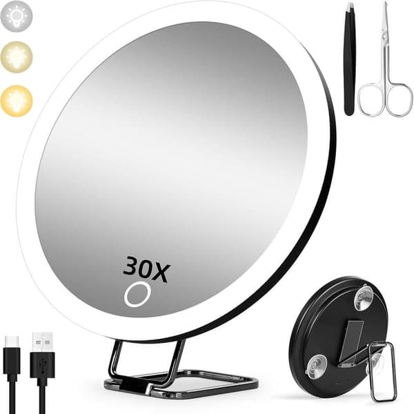 Magnifying mirror with 30x magnification and lighting, 15 cm, 3 color modes, dimming function, large rechargeable travel magnifying mirror with