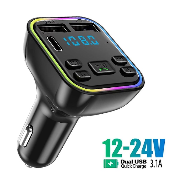 Bil Bluetooth 5.0 FM-sender PD Type-C Dobbel USB 3.1A Hurtiglader Fargerikt Ambient Lys Håndfri MP3 Modulator Spiller