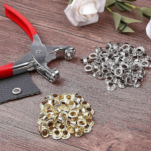 401 Delar 1/4 tum 6 mm Öljett Tång Kit, Öljettverktyg Kit med 400 Metallöljetter i Guld och S