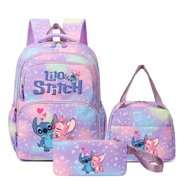 Stitch Cartoon Backpack 3-Piece Set - Waterproof Large Capacity School Bag for Students Purple 4