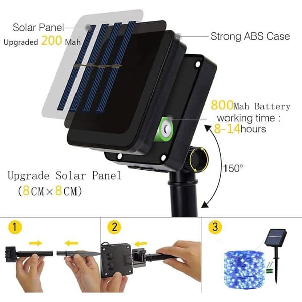 Solcellelyslenker - 8 moduser - Blå 100 LED 12,1 m - IP65 vanntett - 800 mAh batteri