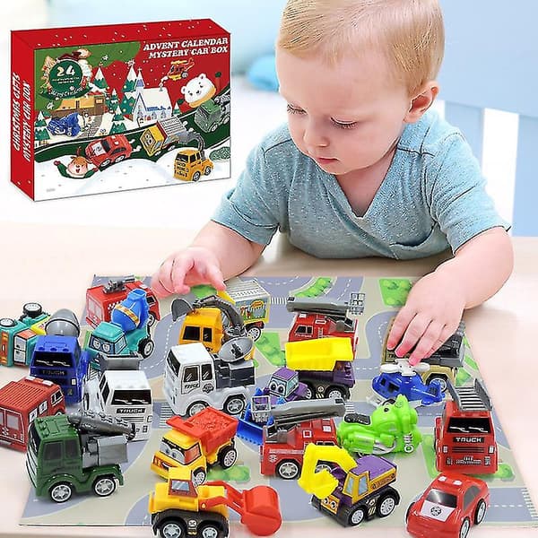 Julkalender, Adventskalender för Barn med 24 Dagar Nedräkning Pull Back Bilar Leksak Jul Nedräkningskalender Blind Box Present till Barn Pojke